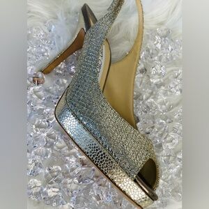 Jimmy Choo Nova Champagne Glitter Peep-Toe Slingback Heels. Authentic.